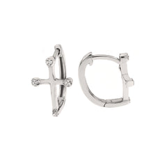 Sterling Silver Rhodium Cross CZ Huggie Hoop Earrings Width-9mm, Height-14mm