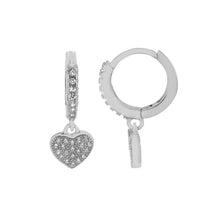 Load image into Gallery viewer, Sterling Silver Dangle Pave CZ Heart Huggie Hoop Earrings Height-7/8inch, Diameter-12.5mm