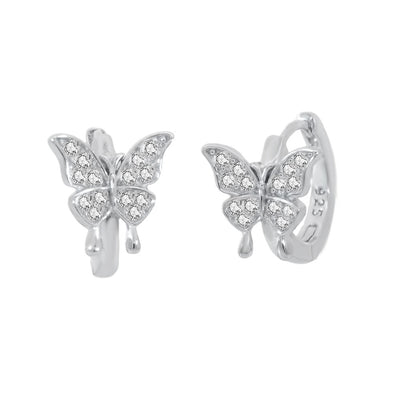Sterling Silver Pave CZ Butterfly Huggie Hoop Earrings Width-11.5mm, Height-9.8mm, Diameter-13mm