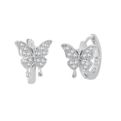 Sterling Silver Pave CZ Butterfly Huggie Hoop Earrings Width-11.5mm, Height-9.8mm, Diameter-13mm