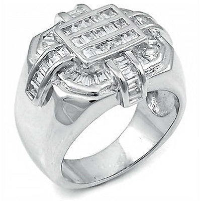 Sterling Silver Cubic Zirconia Baguette CZ Man Ring and Weight 13.4gram, Width 18mm