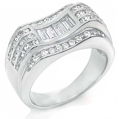 Sterling Silver Cubic Zirconia Baguette and Round CZ Man Ring, Weight 9.8gramAnd Width 11mm