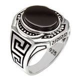 Sterling Silver Men Greek-Key With Flat Oval Onyx Ring
