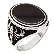 Load image into Gallery viewer, Sterling Silver Flat Oval Onyx Scorpion on the Side Oxidized Men Ring, Width 20mm, Height 25mm