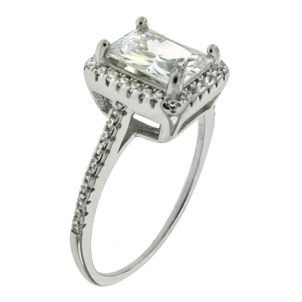 Sterling Silver 5X7mm Emerald Cut Halo Round CZ Engagement Ring