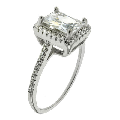 Sterling Silver 5X7mm Emerald Cut Halo Round CZ Engagement Ring - silverdepot