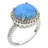 Sterling Silver Simulated Blue Opal Round Shaped Halo Ring With Clear CZ