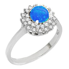 Load image into Gallery viewer, Sterling Silver Halo Simulated Blue Opal With CZ Ring
