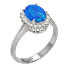 Load image into Gallery viewer, Sterling Silver Halo Simulated Blue Opal Ring