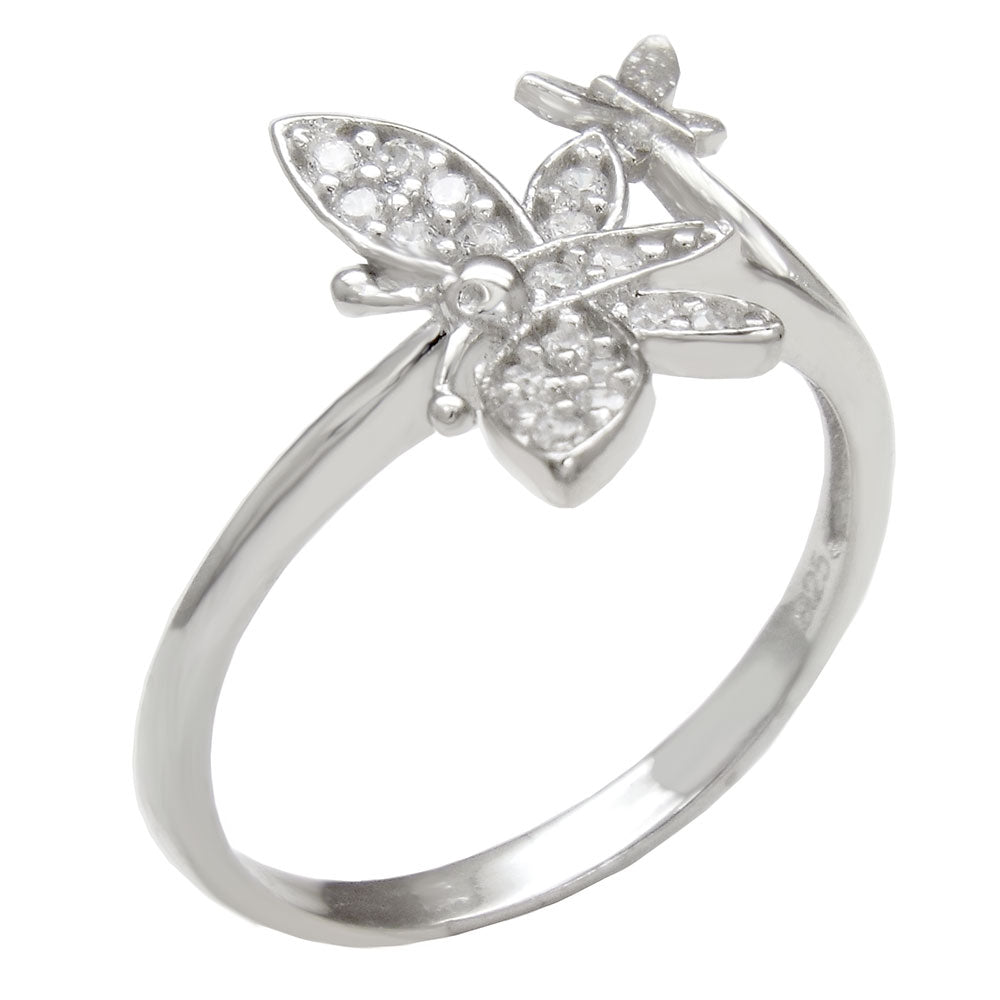 Sterling Silver Rhodium Two Butterfly Pave CZ Ring