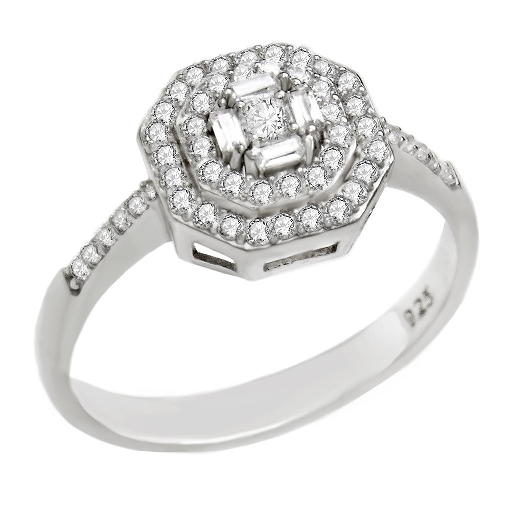 Sterling Silver Octagon Cubic Zirconia Halo Engagement Ring Width-1.5mm, Diameter-10mm