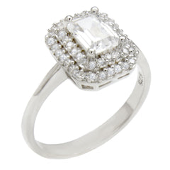 Sterling Silver Emerald Cut Halo Engagement Ring