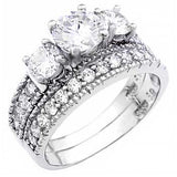 Sterling Silver Pave Set Round Cz Wedding Ring Set with 3 Prong Set Cz in the Center