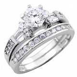 Sterling Silver Round and Trapezium Cz Engagement Ring Set with a 5MM Prong Set Cz in the CenterAnd Ring Width of 8MM