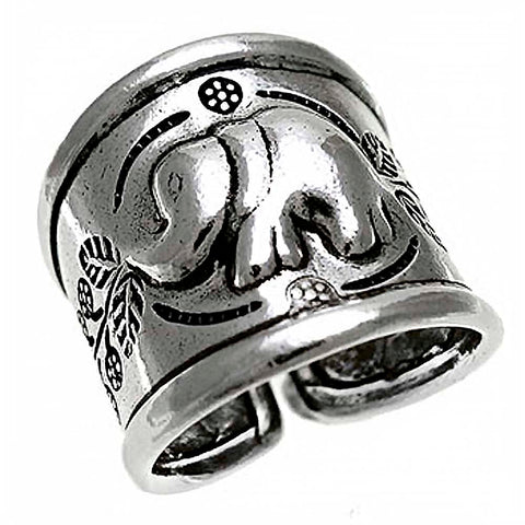 Sterling Silver Oxidized Leaves and Elephant Ring with Ring Width of 13MM
