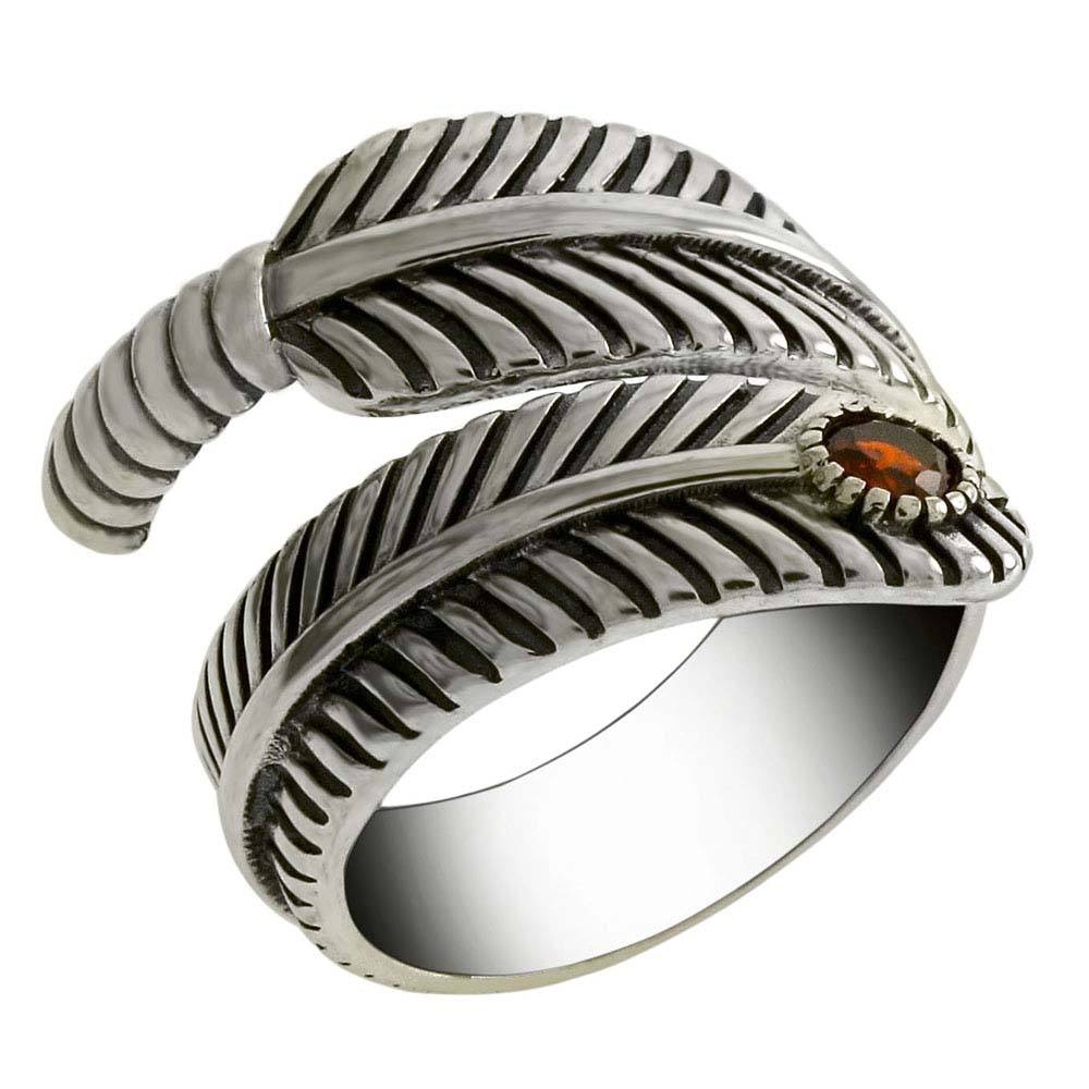 Sterling Silver Adjustable Oxidized Feather Ring With Garnet