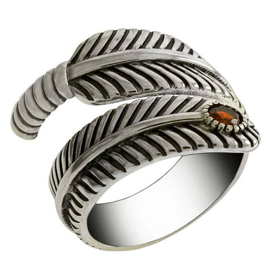 Sterling Silver Adjustable Oxidized Feather Ring With Garnet