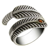 Sterling Silver Adjustable Oxidized Feather Ring With Garnet