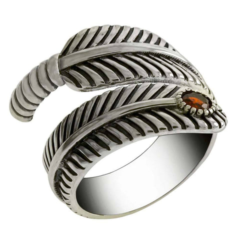 Sterling Silver Adjustable Oxidized Feather Ring With Garnet