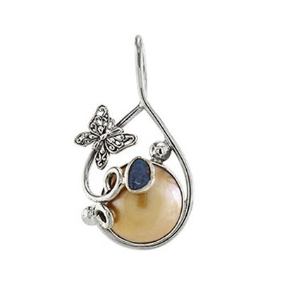 Sterling Silver Mabe Pearl W. Genuine Opal W. Gem & Butterfly PendantAnd Length of 1 7/8