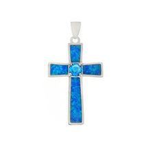 Load image into Gallery viewer, Sterling Silver Lab Opal-Blue Zircon Cross Pendant