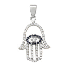 Load image into Gallery viewer, Sterling Silver Evil Eye Hamsa Hand Clear and Black CZ Pendant