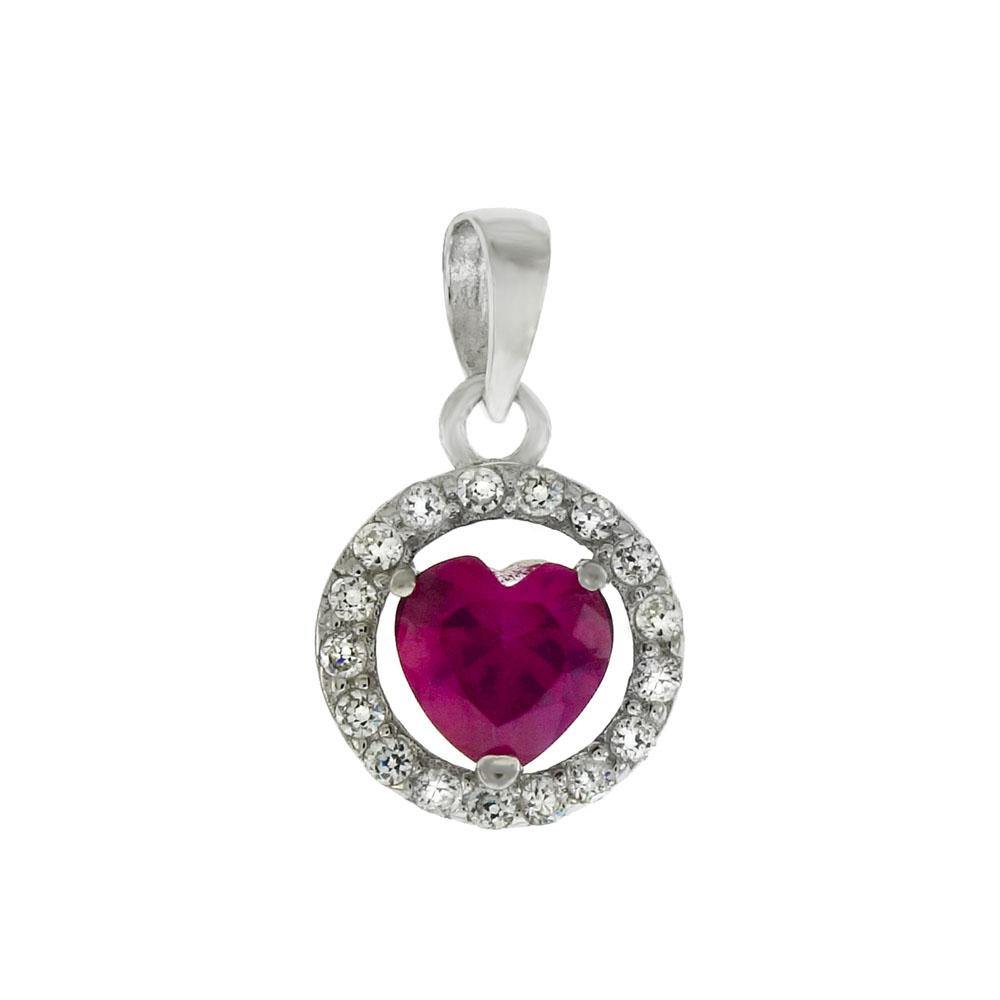 Sterling Silver Halo Red CZ Heart Pendant