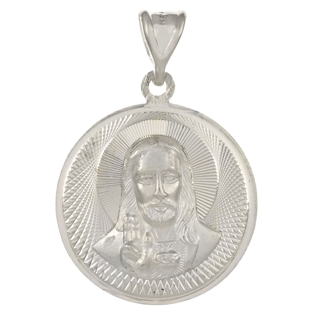 Sterling Silver Lady Of Guadalupe And Sacred Heart 3D Diamond Cut Medal Double Side Pendant