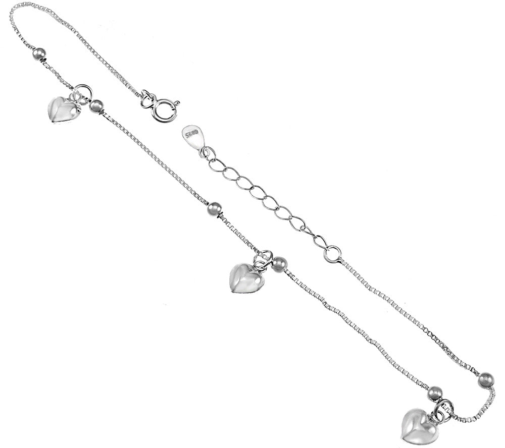 Sterling Silver 0.8mm Box Chain with Beads and Dangle Hearts Anklet
