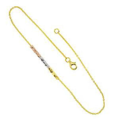 Sterling Silver Rhodium and Gold-Plated Rolo with Tri Color Movable Square Beads Anklet, Length 10 inch
