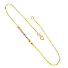 Sterling Silver Rhodium and Gold-Plated Rolo with Tri Color Movable Square Beads Anklet, Length 10 inch