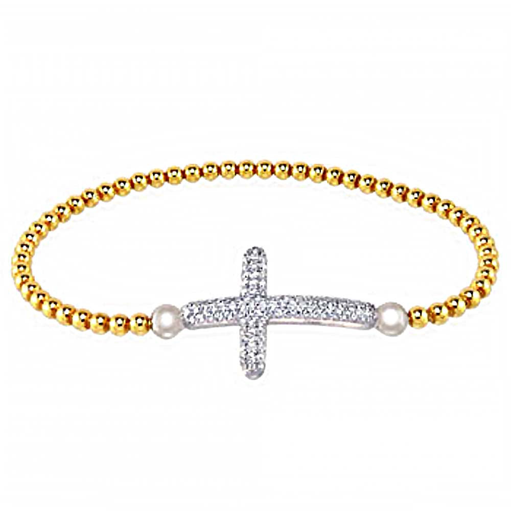 Italian Sterling Silver Stretching Bead Bracelet with Micro Pave Cz CrossAnd Bracelet Dimension of 3MMx177.8MM