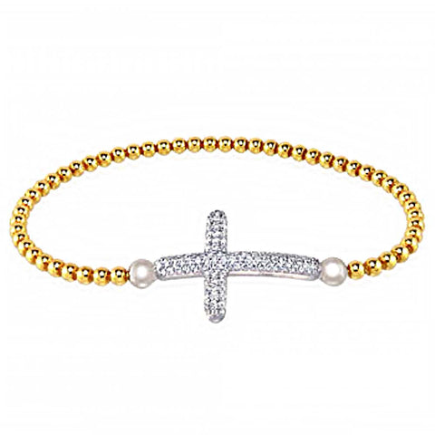 Italian Sterling Silver Stretching Bead Bracelet with Micro Pave Cz CrossAnd Bracelet Dimension of 3MMx177.8MM