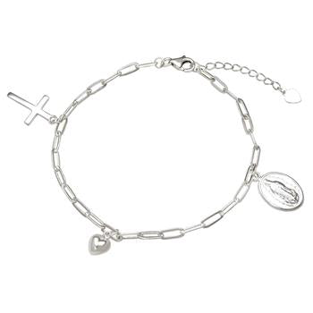 Sterling Silver Paperclip with Religious Charm Bracelet, Length 7.5" Plus 1" Inch Extension