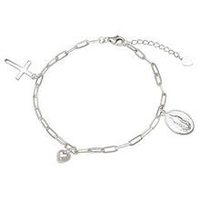 Load image into Gallery viewer, Sterling Silver Paperclip with Religious Charm Bracelet, Length 7.5" Plus 1" Inch Extension