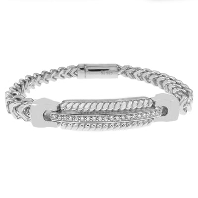 Sterling Silver Rhodium Hollow Franco With Fancy CZ Bar Bracelet Width-6.5mm, Length-8inch