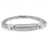 Sterling Silver Rhodium Hollow Franco With Fancy CZ Bar Bracelet Width-6.5mm, Length-8inch