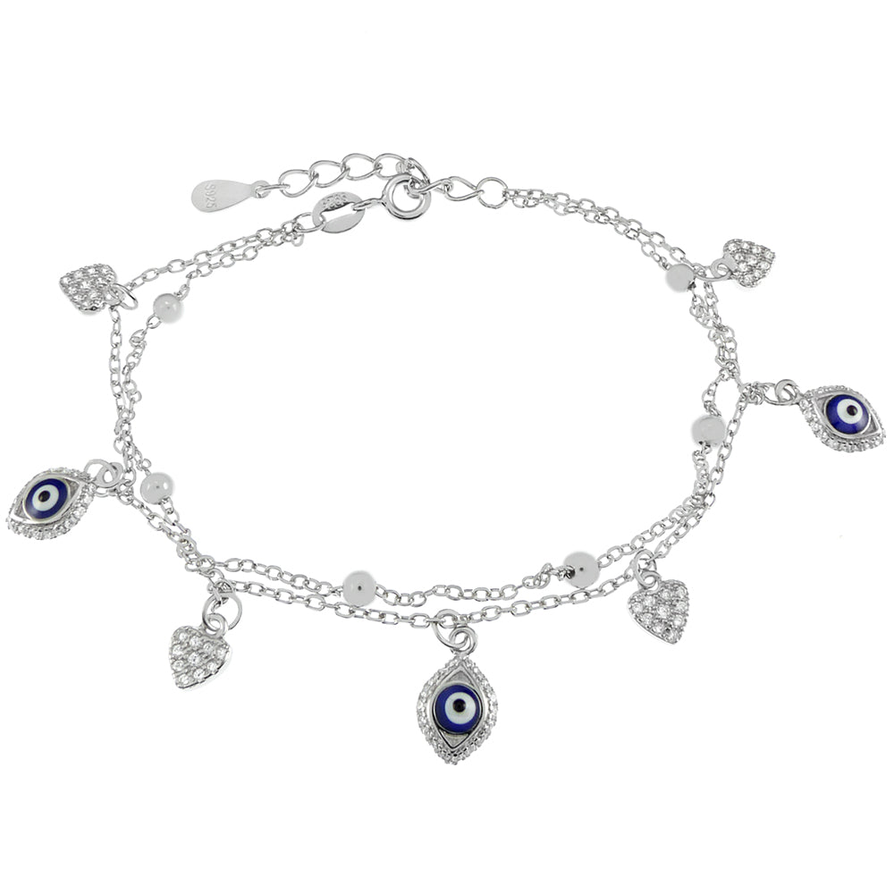 Sterling Silver Rhodium Double Chain With CZ Heart Evil Eyes Charm Bracelet Length-7+1inch