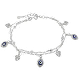 Sterling Silver Rhodium Double Chain With CZ Heart Evil Eyes Charm Bracelet Length-7+1inch