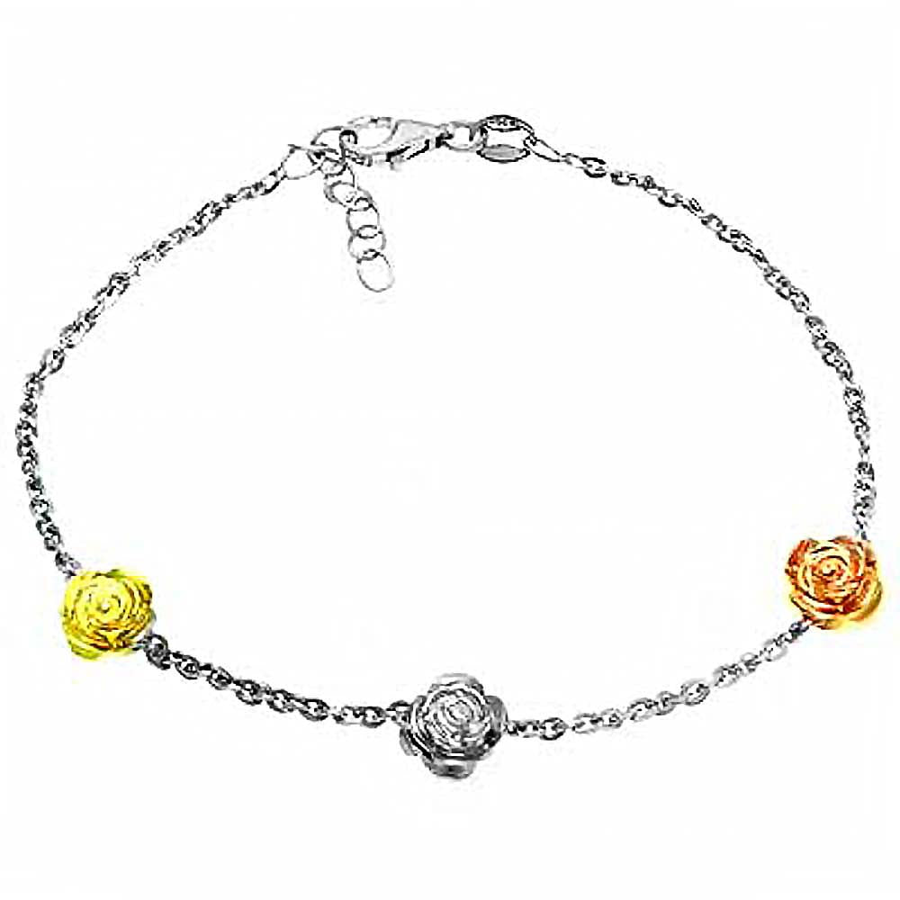 Italian Sterling Silver Fancy Tri Color Rose Bracelet with Bracelet Length of 7  and Length Extension of 1 And Lobster Clasp