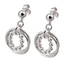 Load image into Gallery viewer, Italian Sterling Silver Rhodium Plated 11 Diamond Cut Bead in 2 Circle Dangle Earrings with Earring Dimension Diameter of 19.05MM and Earring Length of 25.4MM