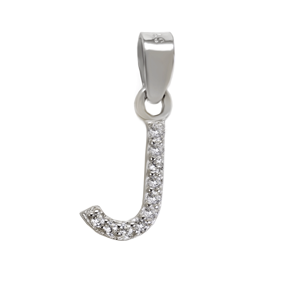 Sterling Silver Small Initial "J" CZ Rhodium Pendant