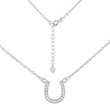 Load image into Gallery viewer, Sterling Silver 0.8MM Flat Rolo Chain Necklace with Cz Horseshoe Pendant and Pendant Dimension of 11MMX12.7MM and Chain Length is Adjustable from 16  to 17