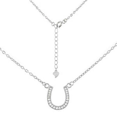 Sterling Silver 0.8MM Flat Rolo Chain Necklace with Cz Horseshoe Pendant and Pendant Dimension of 11MMX12.7MM and Chain Length is Adjustable from 16  to 17