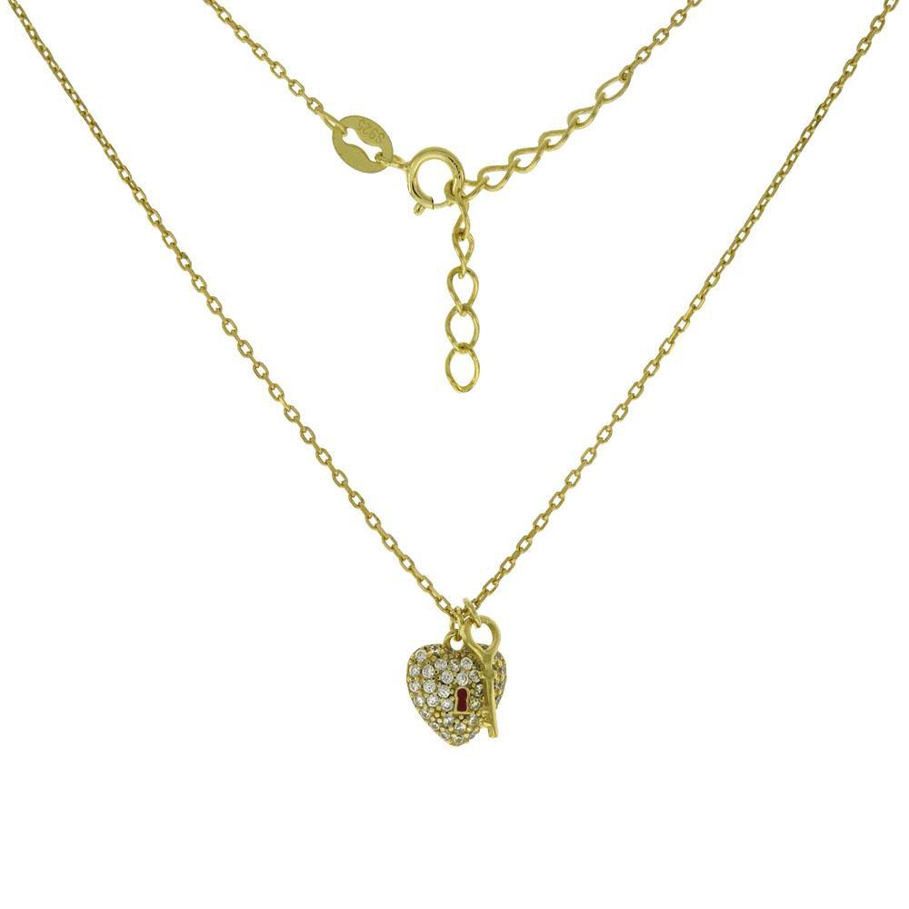 Sterling Silver Cubic Zirconia Heart and Key Gold Plated Pendant Necklace