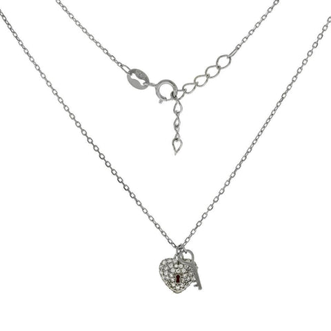 Sterling Silver Cubic Zirconia Heart and Key Rhodium Pendant Necklace