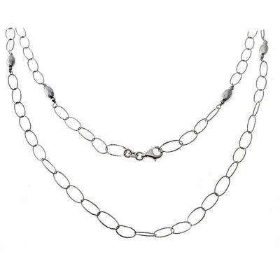 Sterling Silver Italian Fancy Oval Rolo Long Rhodium Necklace
