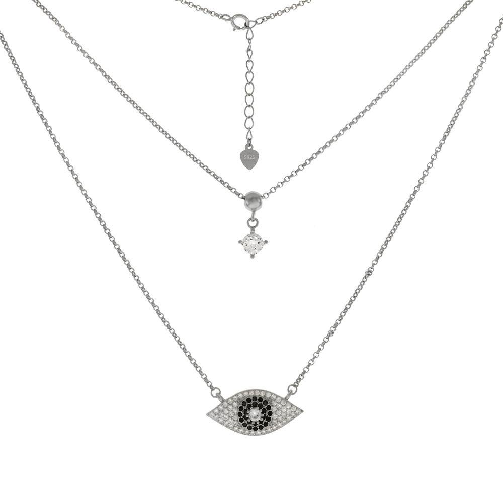 Sterling Silver Micro Pave CZ Evil Eye With Layered Rolo Chain Necklace