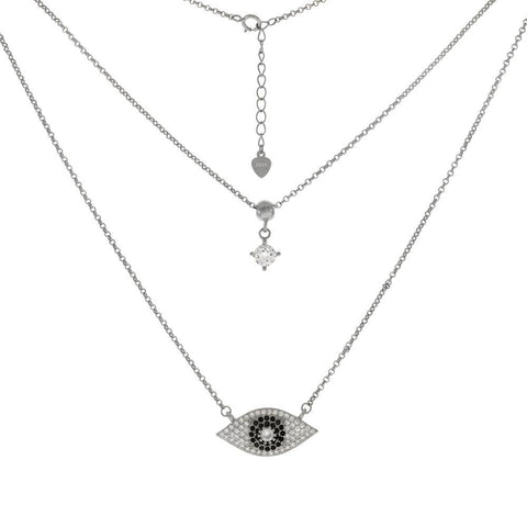 Sterling Silver Micro Pave CZ Evil Eye With Layered Rolo Chain Necklace