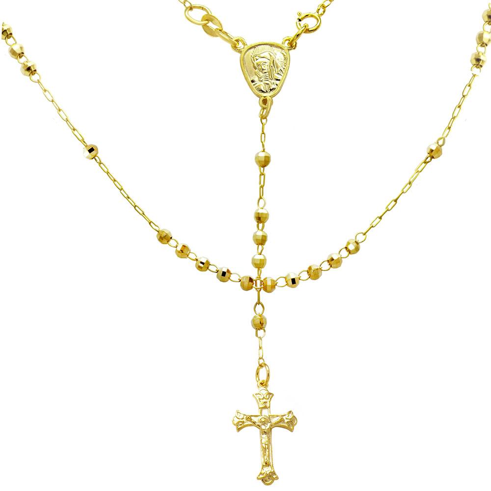 Sterling Silver 3mm D/C Bead Gold Plated Rosary Necklace, Length 20"